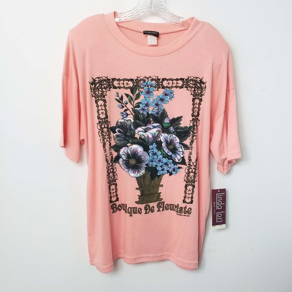 Linda Lori Women's Vintage Peach Floral Short Sleeve Top Blouse Tee Shirt - Picture 12 of 12